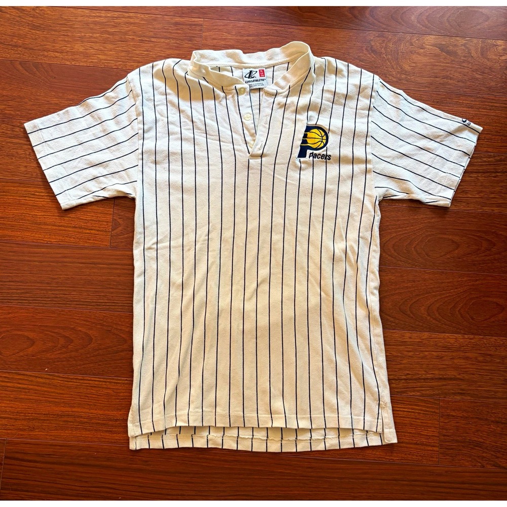Vintage 90's Indiana Pacers Logo Athletic NBA Pinstripe Polo Shirt XL White
